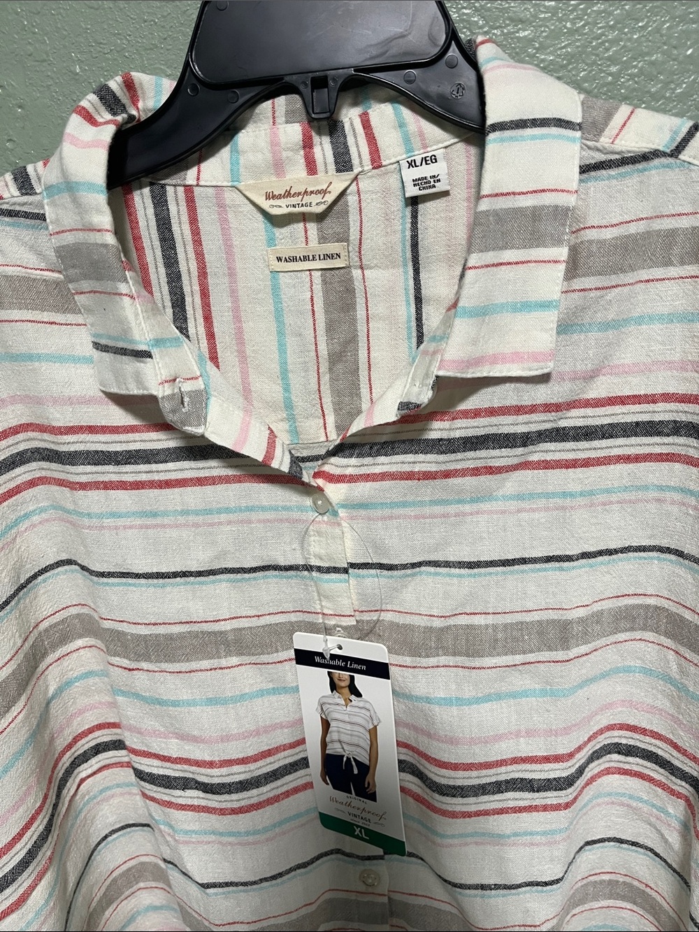Weatherproof Striped Button-Up Linen Blend Blouse in White, Red & Teal - Picture 5 of 5